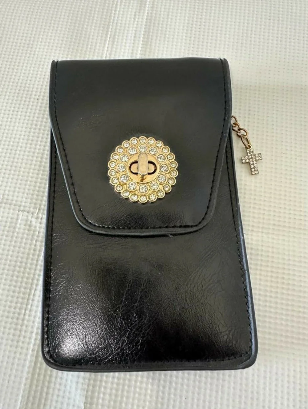 Black Mini Crossbody Phone Purse Pouch Rhinestone Gold Hardware Cross Charm